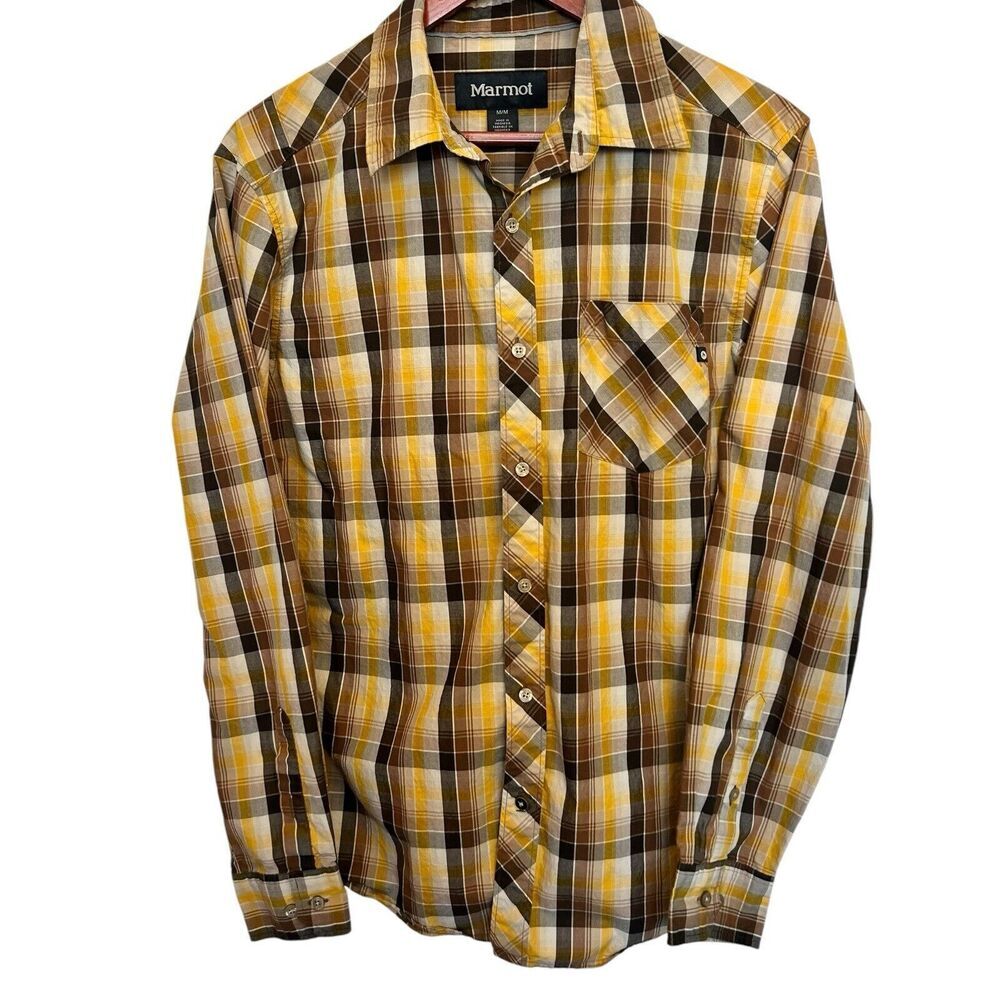 Marmot Button Down Shirt Men’s Medium Plaid Yellow Classic Fit Pocket